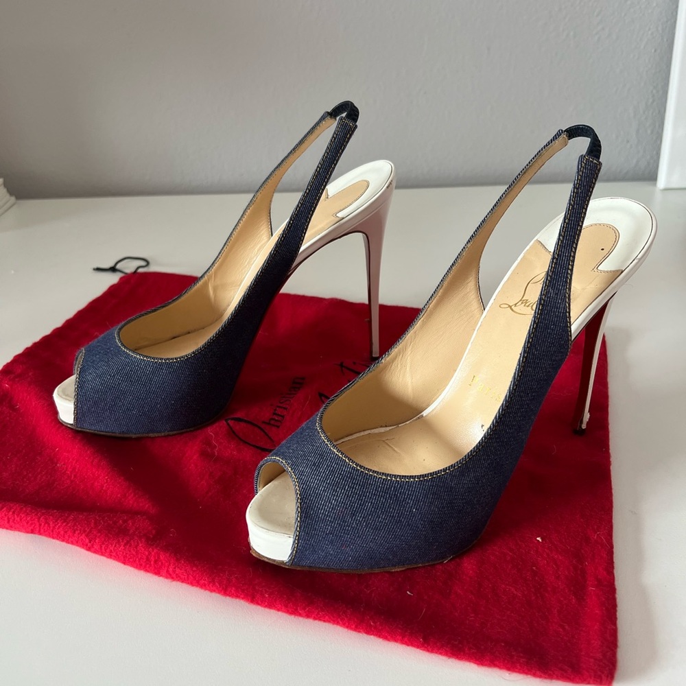 Christian Louboutin blue denim fabric lady peep toe sling backs size 40 (10)